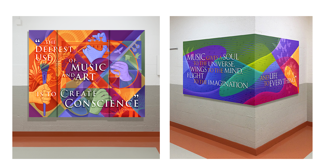 Graphics program for high school art and music wing renovation. Display board with skinned vinyl graphics, flush-mounted onto masonry wall.
Triptych measures 8’ by 6’. Corner graphic measures 11’ by 4'