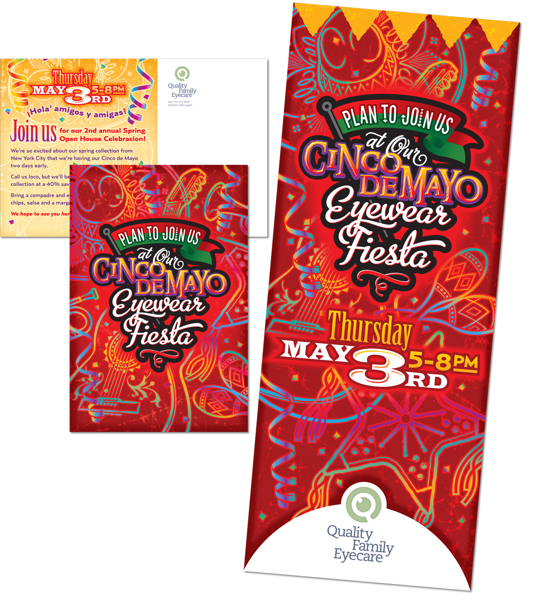Series of postcards and in-store banners promoting themed trunk shows